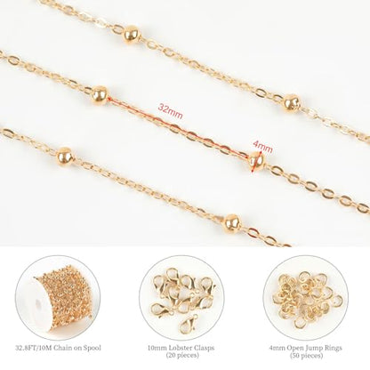 KYUNHOO 32.8 Feet Beaded Jewelry Chain Roll Light Gold Plated Cable Chain Links Soldered Iron Chain on Spool Necklace Making Supplies Thin Chain for Women DIY Craft Jewelry Finding - color: Bead Gold