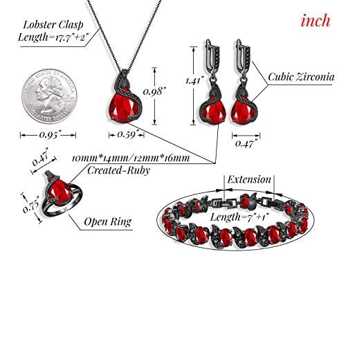 GZWHD Jewelry Set for Women Water Drop Cubic Zirconia Artificial Crystal Earrings Pendant Necklace Open Ring Tennis Bracelet Wedding Anniversary Birthday Engagement Gift for Bridesmaid Wife Girlfriend Friend - color: Black Gun-Ruby