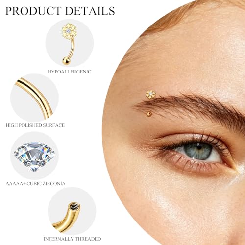 Xpircn Rook Daith Eyebrow Piercing Jewelry 16G Stainless Surgical Steel Curved Barbell Eyebrow Rings Vertical Labret Lip Piercing Jewelry Rook Daith Earrings for Women Men
