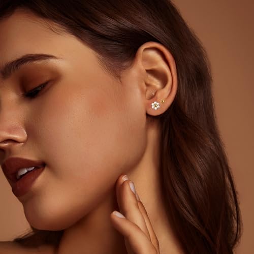 IMBOS Pearl Earrings 14k Gold Plated Daisy Flower Stud Earrings for Women Ball Stud Flat Back Earring Hypoallergenic Statement Earring Trendy Jewelry Gift for Women - color: Gold-Pearl Ball