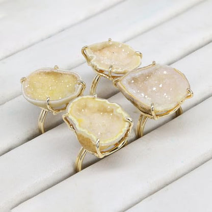 Elegant Geode Druzy Gemstone Statement Ring for Women, Adjustable Ring, Gold Plated Stone Size 20-25mm - color: Yellow, style: 1