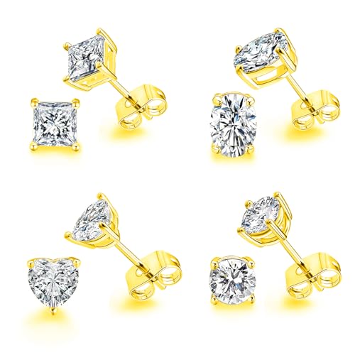 CZ Stud Earrings Set 4 Pairs, Multiple Shapes - Round Heart Princess Cut Oval Clear Cubic Zirconias, White Gold/Rose Gold/Gold - color: Gold