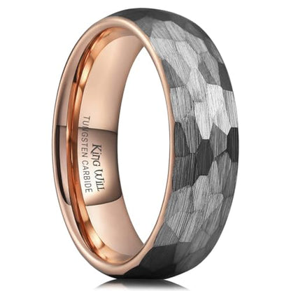 King Will Men's Tungsten Carbide Wedding Ring Hammered Groove Wedding Band Mens Two Tone Engagement Ring for Men and Women Matte Brushed Finish Comfort Fit - color: A 6MM Rose Gold-Silver