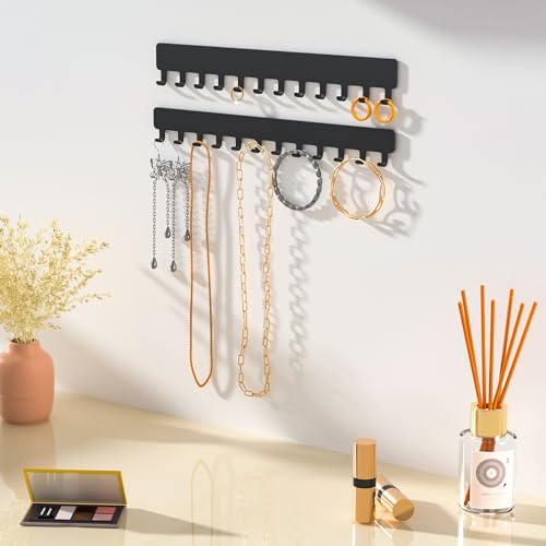 Necklace Holder Wall Mounted,Self Adhesive Jewelry Organizer,2 Pack,Black | Modern Design,24 Hooks for Jewelry,Self Adhesive No Drilling,Durable Metal Design,for bedroom/closet/bathroom/vanity - color: Black