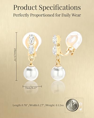 Gold Pearl Clip on Earrings for Women Elegant Small Cubic Zirconia Drop Earrings for Bridal Bridesmaid Wedding Jewelry - size: 0.78in