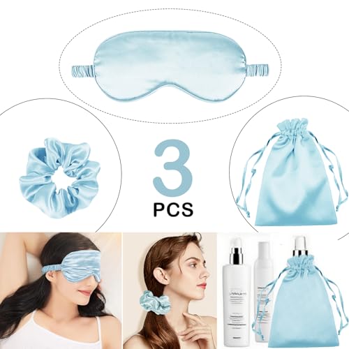 3Pcs Satin Eye Mask Silk Sleep Masks Set Silky Blindfold Eyeshade Blackout Eyes Cover Pouches Bag Scrunchy Wedding Gift - color: Water Green