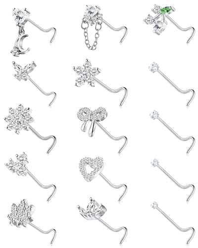 BSJ4U Nose Rings Corkscrew for Women Nose Piercings 20G Surgical Stainless Steel Gold Plated Nose Studs Pink Red CZ Heart Butterfly Flower Cherry Bow Moon Dangle Nose Piercing Jewelry - color: Silver Clear Nose Rings