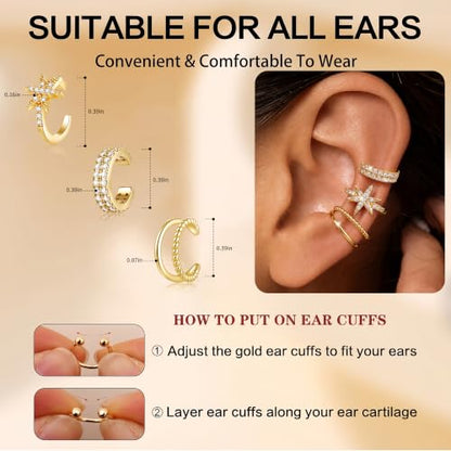 14K Gold Plated Layered Chunky Ear Cuff for Women Thick Ear Clips | Ear Cuff Earrings for Women,Hammered Texture design，Lightweight Hypoallergenic Ear Clips，trendy Jewelry for Daily Party Prom - color: gold 2