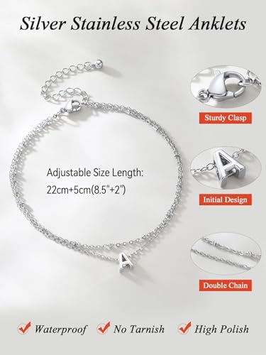 FaithHeart Initial Ankle Bracelets for Women, Waterproof 14k Gold Plated Initial Anklets Non Tarnish Stainless Steel Cute Layered Anklet Summer Beach Jewelry - color: Silver, size: Initial B