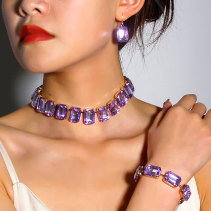 KOSMOS-LI Rectangle Faux Crystal Jewelry Sets Includ Necklace Bracelet Earrings For Women Stocking Stuffers - color: purple