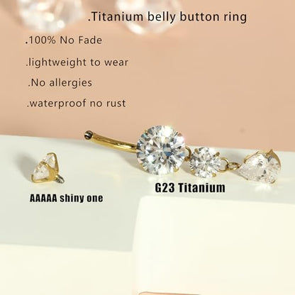 TIANCI FBYJS 3pcs G23 Titanium Pink Belly Button Rings Internally Threaded 10mm Clicker Reverse Curved Hoop Navel Barbell Piercing Jewelry CZ Belly Rings for Women Men - color: gold set4