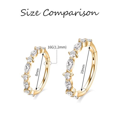 PEAKLINK 16G Nose Hoop Ring 316L Surgical Steel Conch Cartilage Helix Earring with Cubic Zircon Tragus Rook Daith Septum Piercing Jewelry 8mm 10mm for Women Men - color: Style1:Gold-Horse Eye CZ+Round CZ