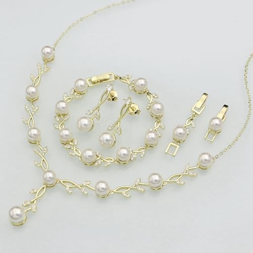 Jewelry Set for Women Bride Bridesmaid Wedding Party Prom Necklace Earrings Bracelet Set Gift for Mother Wife Friend - color: Pearl-Gold-White