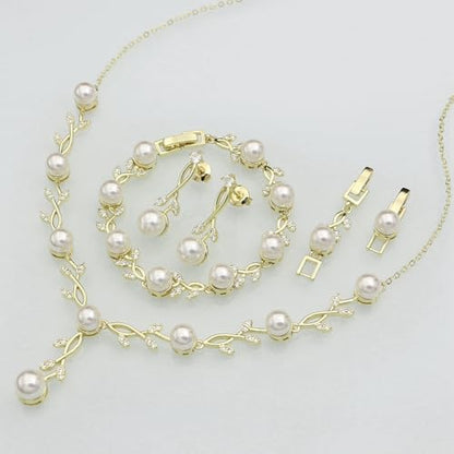 Jewelry Set for Women Bride Bridesmaid Wedding Party Prom Necklace Earrings Bracelet Set Gift for Mother Wife Friend - color: Pearl-Gold-White
