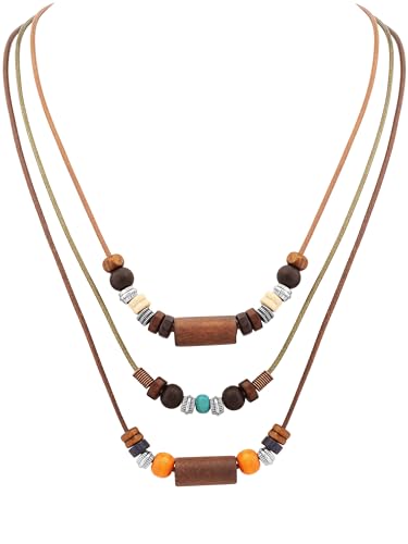 MINACHI Layered Boho Wood Bead Choker Necklace, Hollow Flower Charm, Personality Jewelry for Men and Women - style: Necklace 08-0040