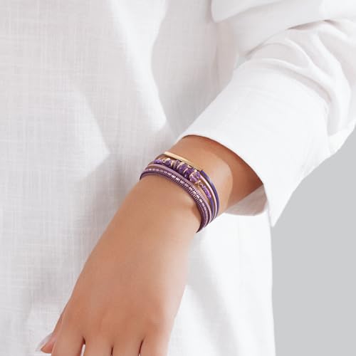 Boho Gemstone Beaded Leather Wrap Bracelets Stackable Chunky Cuff Bracelet Western Jewelry Cowboy Chic Country Concert Outfits for Women - color: Purple
