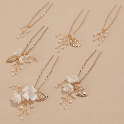 Handmade Pearl Bridal Hair Pins Wedding Hair Accessories for Women Brides Bridesmaid - color: Gold/Pearl White Flower