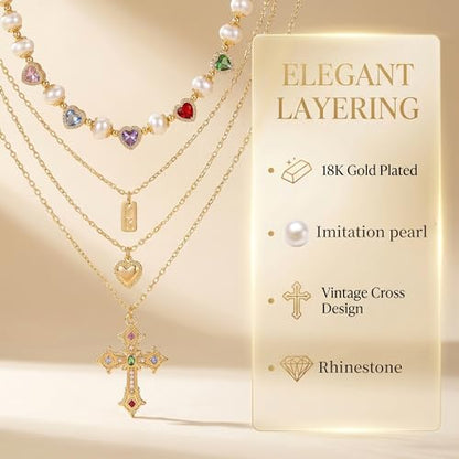 Gold Cross Layered Necklaces for Women,Colorful Crystal Drop Necklace,Gold Cross Pendant Necklace Stack,Fashion Long Tassel Chest Chain Jewelry Layered Rhinestone Neck Chain Accessories - color: Gold-3