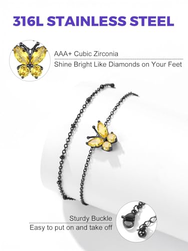 Richsteel Double Layer Heart/Butterfly Birthstone Anklet for Women | Non Tarnish Waterproof, Silver/Gold/Black Stainless Steel 8.5-10.5 Inch Adjustable Chain Anklets Summer Beach Foot Jewelry - color: Black Butterfly-11 Nov.(Yellow Topaz)