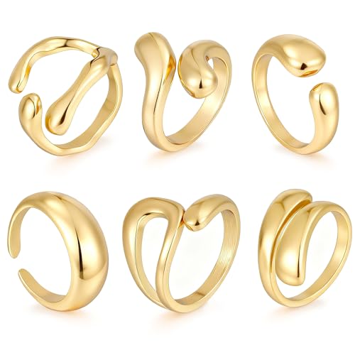 17 MILE Chunky Gold Stackable Rings for Women Non Tarnish, 18K Gold-Plated Statement Open Stacking Rings, Knuckle Band Ring Set - color: Gold 6 Pcs