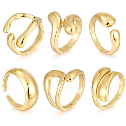 17 MILE Chunky Gold Stackable Rings for Women Non Tarnish, 18K Gold-Plated Statement Open Stacking Rings, Knuckle Band Ring Set - color: Gold 6 Pcs