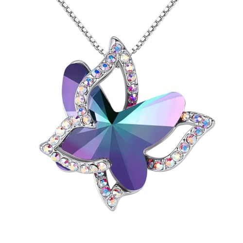 Butterfly Necklace, Birthstone Crystal, for Women, Silver Tone Pendant Jewelry, Anniversary Birthday Gift for Her, Wife & Mom, 18"+2" - color: 02c-February-Healing Stone for Calming Mind - Rainbow Fluorite Purple
