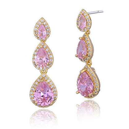 Women's Cubic Zirconia Bridal Earrings - Elegant Long Wedding Party Prom Earring for Bride Bridesmaids Crystal CZ Rhinestone Chandelier Statement Dangle Drop Earrings for Women - color: Pink