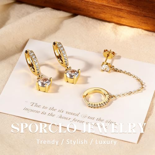 14K Gold Hoop Dangle Stud Earrings Surgical Steel Helix Piercing | Hypoallergenic,Cubic Zirconia,3 Pairs Huggie Hoop Set for Women,Dangle Stud,Cartilage Tragus Conch Earring,Jewelry Gift - color: A3-Gold Chain Earrings