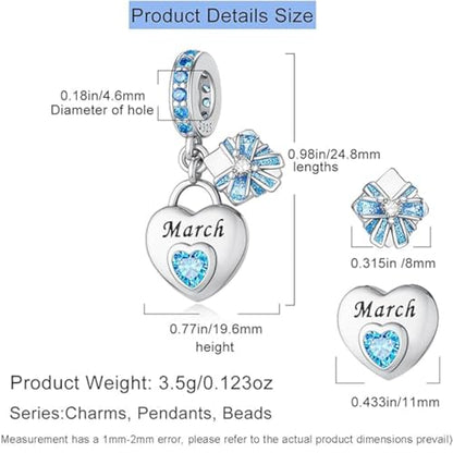 Love Heart Birthstone Dangle Charms Compatible with Pandora Bracelets | 925 Sterling Silver 5A Cubic Zirconia Mother's Day Christmas Birthday Birthstone Gifts Bead Charm Pendants Women Jewelry - color: March Dangle Birthstone Charms