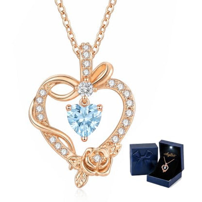 Heart Birthstone Necklace, LED Gift Box | Heart birthstone necklace with rose CZ pendant and LED gift box, ready-to-gift birthday gift for mom, wife, grandma, sister - color: Rose Gold 03-Mar Sea Blue