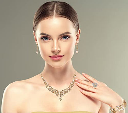 Paxuan Crystal Bridal Wedding Jewelry Sets for Women Rhinestone Teardrop Crystal Statement Choker Necklace Drop Earrings Link Bracelets Rings Teardrop Jewelry Set for Brides Bridesmaids - color: Champagne