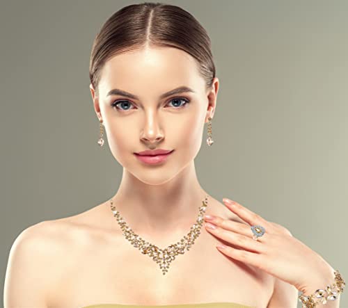 Paxuan Crystal Bridal Wedding Jewelry Sets for Women Rhinestone Teardrop Crystal Statement Choker Necklace Drop Earrings Link Bracelets Rings Teardrop Jewelry Set for Brides Bridesmaids - color: Champagne