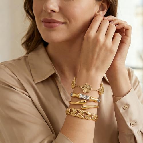 Stackable Gold Bracelets for Women - 4 Sets, 18K Gold Plated Bracelets, Stainless Steel Bangle Bracelets Non-Tarnish, Stylish Gold Jewelry Ensemble, Valentine's Day, Birthday and Christmas Jewelry Gifts - color: A5-(Gold 4Sets)