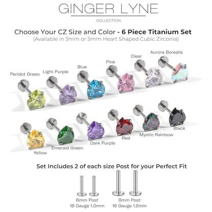 Titanium Heart CZ Labret Stud Earrings for Piercings by Ginger Lyne 6Pc Set G23 Screw Front Flat Back Body Jewelry 2 pair post 6mm, 8mm Cartilage, Helix, Tragus, Lip, Conch, Lobe - color: 5mm-AuroraBorealis