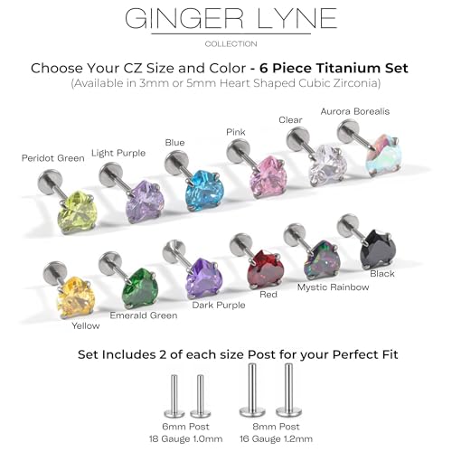 Titanium Heart CZ Labret Stud Earrings for Piercings by Ginger Lyne 6Pc Set G23 Screw Front Flat Back Body Jewelry 2 pair post 6mm, 8mm Cartilage, Helix, Tragus, Lip, Conch, Lobe - color: 3mm-Clear