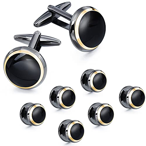 HAWSON Cufflinks and Studs for Men-Fashion Men Vintage Enamel Carbon Fiber Tuxedo Shirt Cufflinks and Studs Set for Regular Wedding Business Accessories - color: black enamel