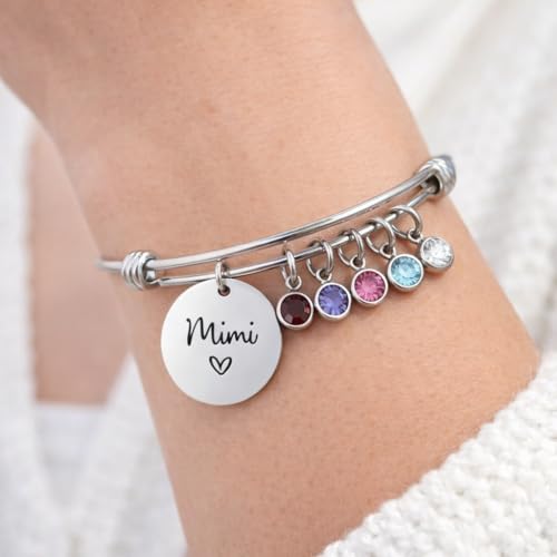 Custom Grandma Bracelet with Birthstones – Personalized Name Engraved Stainless Steel Bangle with 1-12 Birthstone Charms – Adjustable Wire Bracelet Gift for Mom, Grandma, Nana, Mimi