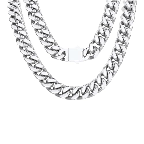 FindChic Cuban Link Chain Necklace for Women Men, Silver/Gold Plated Stainless Steel Solid Miami Curb Chain Hip Hop Punk Statement Jewelry, 5/12/14mm Width, 16/18/20 Inch Length, with Gift Box - color: 03. 12mm-Silver, size: 18inches