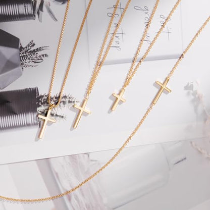 Poxtex Cross Necklace for Women Teen Girls, Dainty 14K Gold Silver Plated Cross Choker Jewelry Non Tarnish Waterproof Cute Simple Small Necklace Christian Baptism Religious Faith Jewelry Gifts - color: 04 Simple Cross Silver