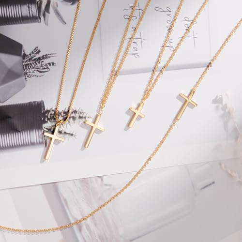 Poxtex Cross Necklace for Women Teen Girls, Dainty 14K Gold Silver Plated Cross Choker Jewelry Non Tarnish Waterproof Cute Simple Small Necklace Christian Baptism Religious Faith Jewelry Gifts - color: 04 Simple Cross Gold