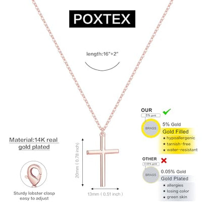 Poxtex Cross Necklace for Women Teen Girls, Dainty 14K Gold Silver Plated Cross Choker Jewelry Non Tarnish Waterproof Cute Simple Small Necklace Christian Baptism Religious Faith Jewelry Gifts - color: 04 Simple Rose Gold Cross Necklace
