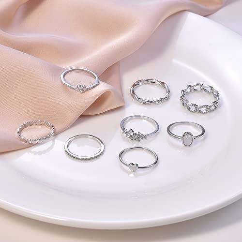 PLOMFOV 14K Gold/Silver Plated Stacking Rings Set for Women Non Tarnish CZ Heart Simple Cute Stackable Rings Dainty Trendy Gold Statement Rings Plain Band Size 4-12 - color: Silver Tone
