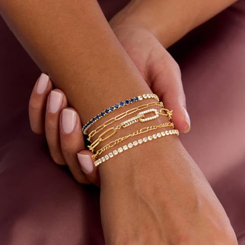 MFRYK Gold/Silver Bracelets For Women,Trendy 14k Gold/Silver Plated lightweight Dainty Chunky Thin Cuban Link Paperclip Chain Tennis Bangle Bracelets Stack Set,Ring Hand Chain Bracelet,Gold Jewelry Gift For Women Fashion Accessories - style: 5Pcs tennis p