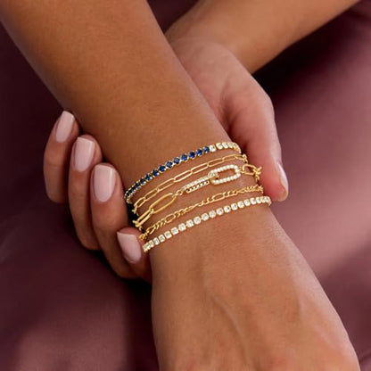 MFRYK Gold/Silver Bracelets For Women,Trendy 14k Gold/Silver Plated lightweight Dainty Chunky Thin Cuban Link Paperclip Chain Tennis Bangle Bracelets Stack Set,Ring Hand Chain Bracelet,Gold Jewelry Gift For Women Fashion Accessories - style: 5Pcs tennis p
