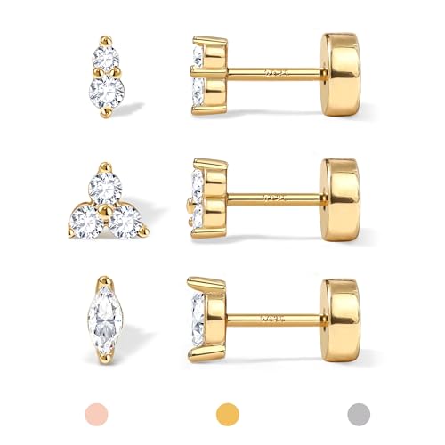 14K Gold Plated 925 Sterling Silver Flat Back Earrings Set | Hypoallergenic Cartilage Helix Conch Tragus Piercing Jewelry 3 Pairs Small Screw Dainty CZ Opal Earring Set Men Women - color: Gold, Style C