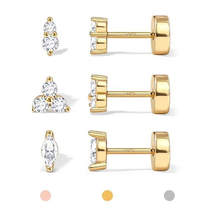 14K Gold Plated 925 Sterling Silver Flat Back Earrings Set | Hypoallergenic Cartilage Helix Conch Tragus Piercing Jewelry 3 Pairs Small Screw Dainty CZ Opal Earring Set Men Women - color: Gold, Style C