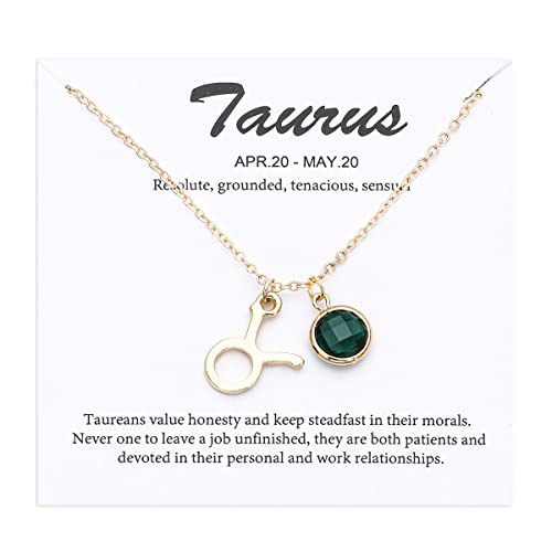 14k Gold Plated Zodiac Birthstone Crystal Pendant Necklace, Horoscope Sign Charm Necklace for Women Birthday Gift - color: Taurus-May