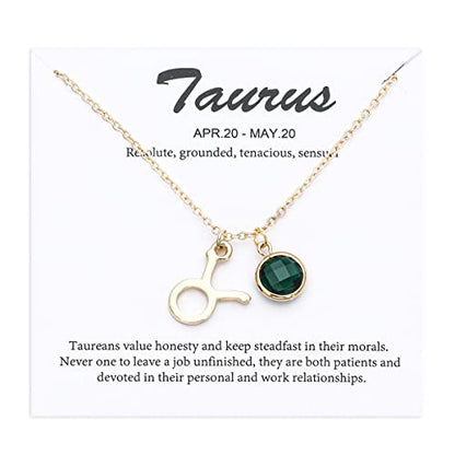 14k Gold Plated Zodiac Birthstone Crystal Pendant Necklace, Horoscope Sign Charm Necklace for Women Birthday Gift - color: Taurus-May
