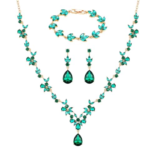 Kamirola Bridal Jewelry Set, Jewelry Set for Women, Necklace Dangle Earrings Bracelet Set, White Gold Plated (TR76) - color: Green