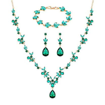 Kamirola Bridal Jewelry Set, Jewelry Set for Women, Necklace Dangle Earrings Bracelet Set, White Gold Plated (TR76) - color: Green